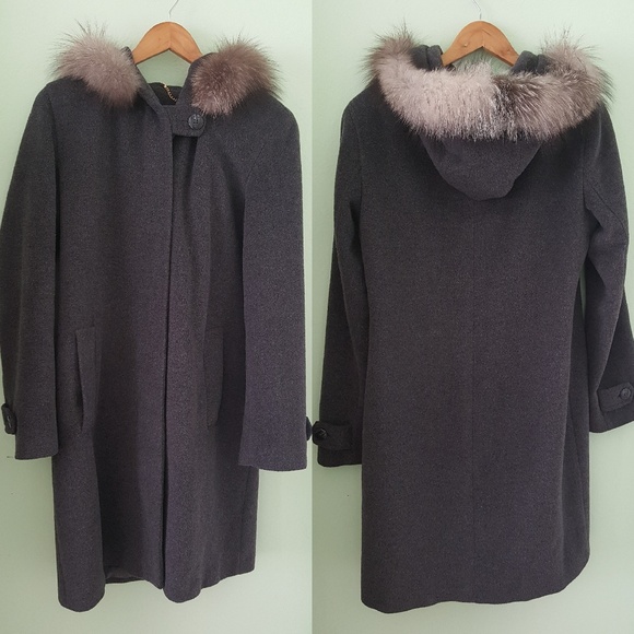 Ellen Tracy Gray Wool Coat w/ Fox Fur Trim Sz 8 - Picture 2 of 7